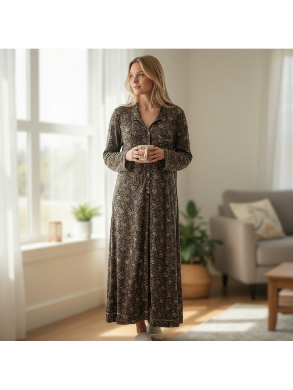 NATURAL LIFE Christa Floral Button-Front Maxi Dress 100% Cotton